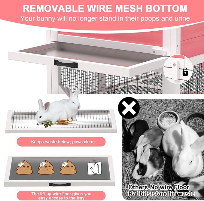 TIMHAKA 2-Story Rabbit Hutch, Insulated Bunny Hutch w/Chew-Proof Ramp & Wheels, Indoor/Outdoor Bunny Cage w/Leak-Proof Trays and Openable Waterproof Roof for Guinea Pig, Pink