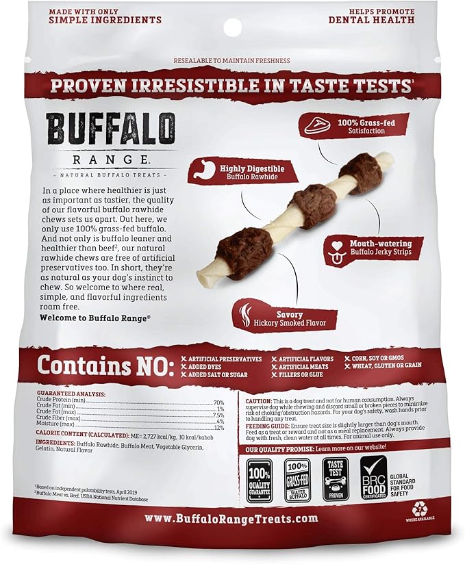 Buffalo Range Rawhide Jerky Kabobs, Jerky Dog Treat, Grass-Fed Buffalo Rawhide Chews, Healthy Dog Treat, Meat Kabob, Puppy Chews, No Added Fillers or Dyes, Hickory Smoked Flavor, 18 Count