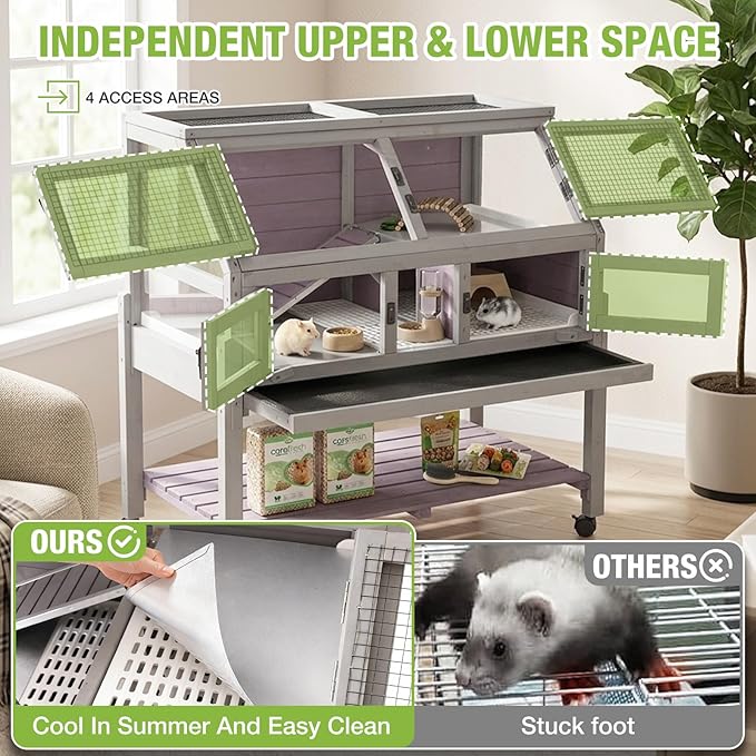 Guinea Pig Cags Indoor, Large Rabbit Hutch with Wheels, Wooden Hamster Cage with Chew-Proof Ram, Zinc Cool Plate and Plastic Floor, Small Animals Cage Habitat with Pull Out Tray (Light Grey)