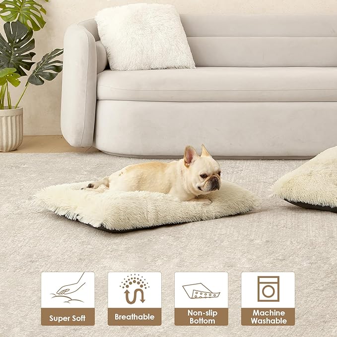 EHEYCIGA Fluffy Dog Crate Bed for Small Dogs, Plush Faux Fur Crate Pad, Calming Anti Anxiety Small Dog Bed, Washable Soft Warm Mat with Non-Slip Bottom, Ivory Beige