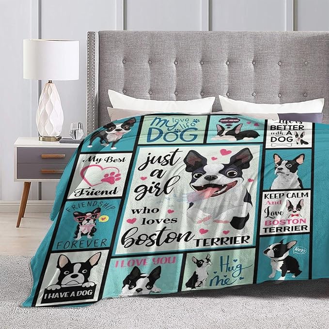 SweetFox Just A Girl Who Loves Boston Terrier Blanket, Funny Dog Decor Throw Blanket Gifts for Girls Boys Lover Super Warm Soft Plush Fleece Flannel Bedding Blankets for Kids Adults Men Women 50"X40"
