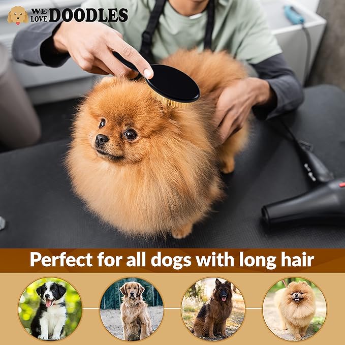 We Love Doodles Pin Brush for Dogs, Pet Grooming Detangler Pin Dog Brush, Dog Brush for Shedding and Removing Loose Fur, Lightweight Beech Wood with Gold Plated Pins for Long Hair Pets