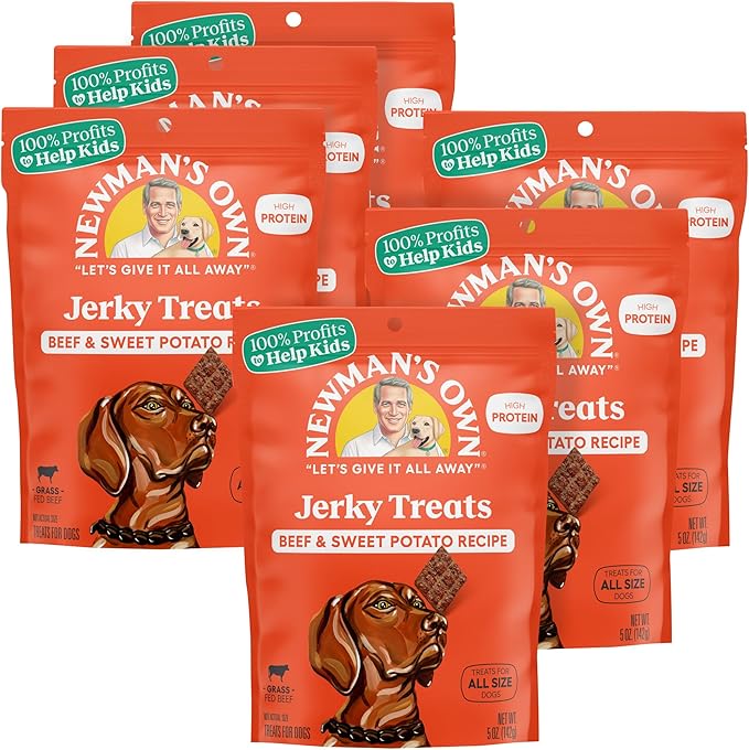 Newman's Own Beef & Sweet Potato Jerky Dog Treats, 5 oz Bag (Pack of 6) — High Protein, Grain Free, Grass-Fed as Beef First Ingredient, Chewy Wholesome Training Rewards