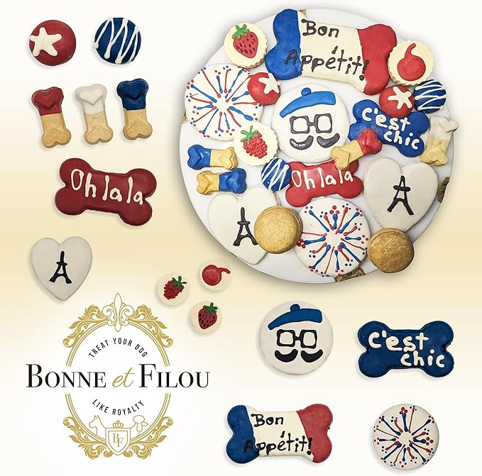 Bonne et Filou French Style Dog Treats, Gourmet Gift Box, 21 Luxury Macarons, Truffles & Bone Cookies, Healthy & Delicious Snacks for Medium to Large Dogs