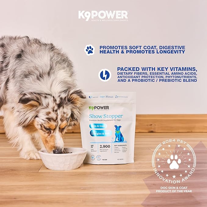 K9Power Show Stopper 8 oz– Awarded #1 Dog Skin & Coat Product – Supports Allergy Relief, Itchy Skin, Shedding, Dull Coat – Salmon Oil, Collagen, Kelp, Zinc, Probiotics, Beet Juice, Vitamin C