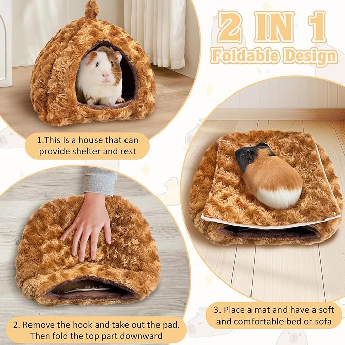 PINVNBY Guinea Pig Hideout Bed Hamster Cave Warm Bunny Bed Dwarf Rabbit House Bed Hedgehog Cage Accessories Winter Sleeping House for Hedgehog Ferret Rat Chinchilla and Other Small Animals（Brown）