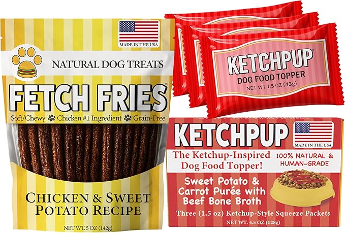 Chicken Jerky Fries (5 oz) + 3-Pack Dipping KetchPup Sauce (4.5 oz) – Made in USA with Natural Ingredients – American Classics for Pets