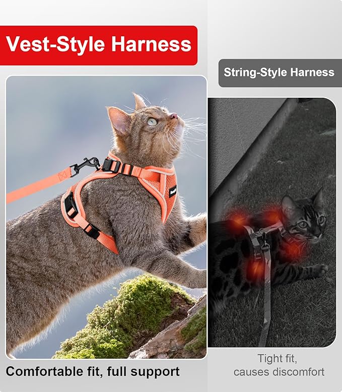 Cat Harness and Leash for Walking Escape Proof Soft Adjustable Cat Leash Breathable Comfortable Vest Easy to Wear Kitten Harness for Outdoor Travel (Orange, S (7-12lb))