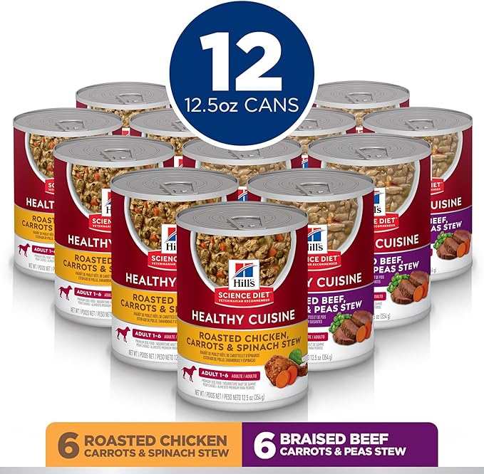 Hill's Science Diet Healthy Cuisine, Adult 1-6, Great Taste, Wet Dog Food, Variety Pack: Roasted Chicken, Carrots & Spinach; Braised Beef, Carrots & Peas Stew, 12.5 oz Can Variety Pack, Case of 12