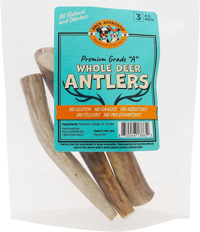 Whole Deer Antlers for Dogs - Long Lasting Chews for Aggressive Chewers - Single Ingredient Odorless Treats for Small & Medium Dogs - 4-5" (3ct)