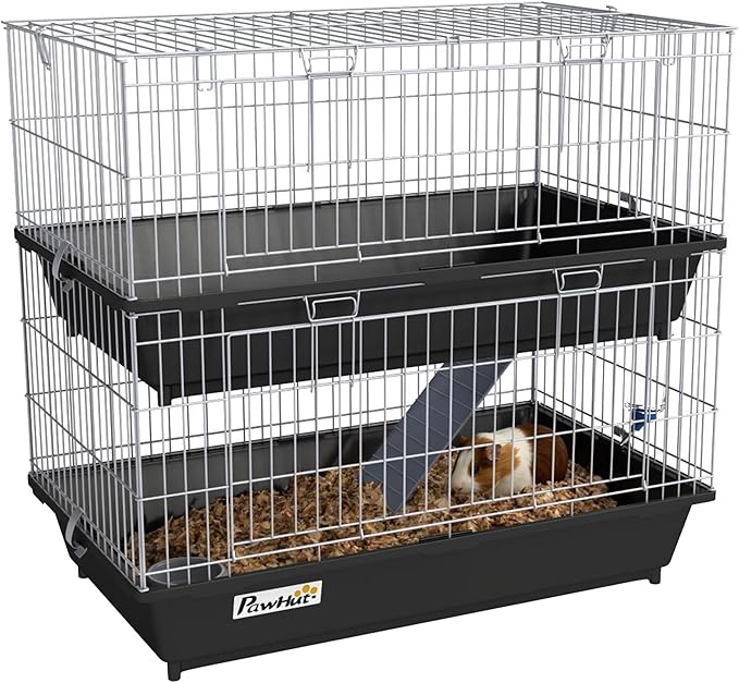 PawHut 2-Tier Small Animal Cage, Chinchilla Ferret Cage Indoor with Dish and Bottle, 2 Doors, Deep Bottoms, Ramp, 28", Black