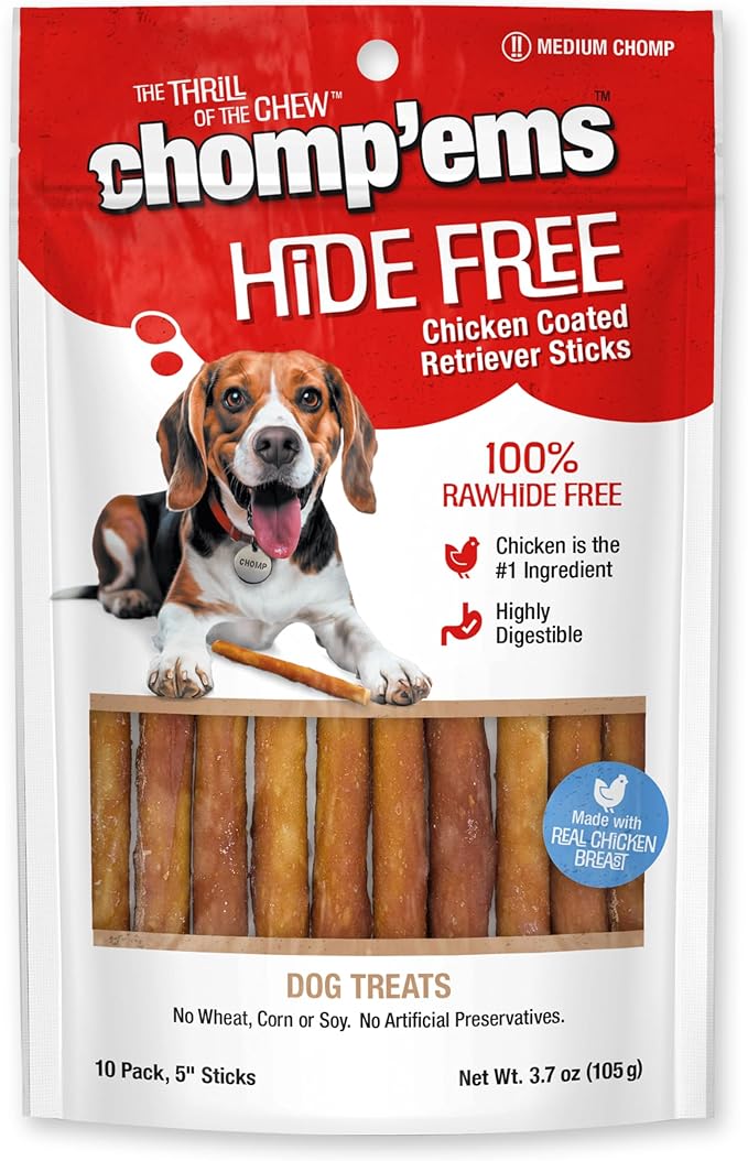 CHOMP 'EMS Chicken Hide Free Dog Chews - Rawhide Free Dog Treats - No Hide Alternative Chew Treat for All Life Stages, Stick, 5in, 10 Count