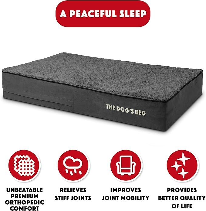 The Dog’s Bed Orthopedic Memory Foam Dog Bed for Large Dogs, Waterproof Washable Cover, Anti-Slip Base, Calming Surface – CertiPUR-Certified Foam, Grey Plush, 6 Inch Thick