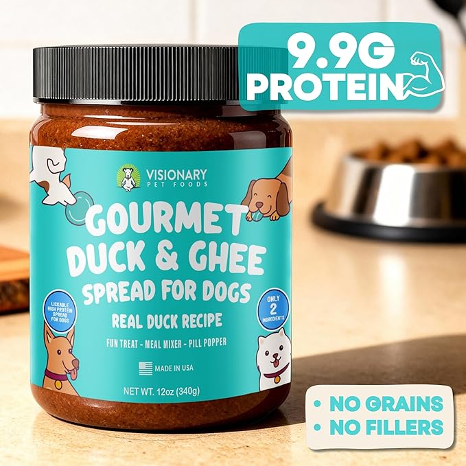 Visionary Pet Foods Duck Meat Spread - Healthy Dog Treat - Alternative to Dog Peanut Butter, Xylitol Free, No Sugar and Filler Free - Use on Lick Mat, Food Mixer, Pill Pockets - 12oz Jar