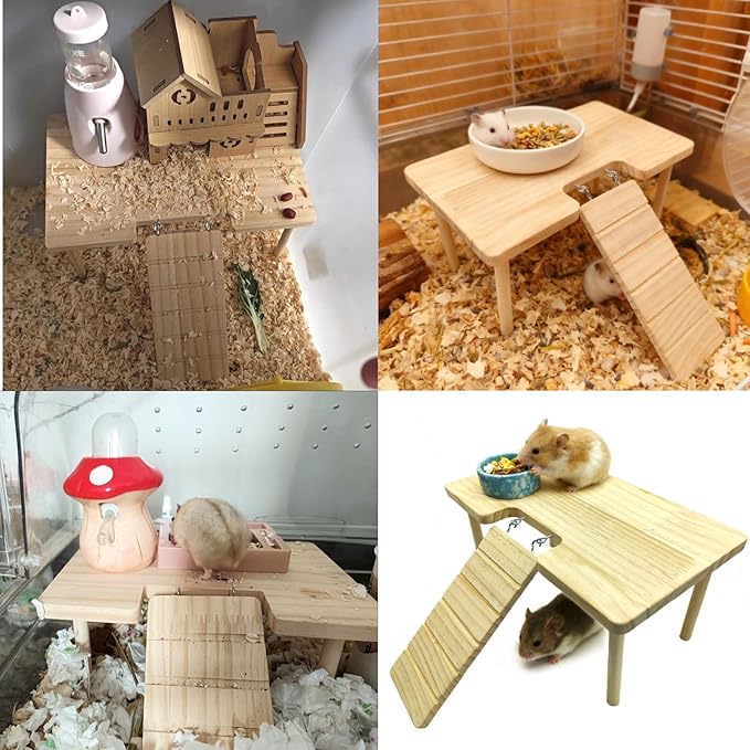 Wooden Hamster Platform with Ladder Rat Climbing Activity Playground Platform Cage Accessories Decor for Dwarf Syrian Hamster Gerbil Rat Mice (Middle)