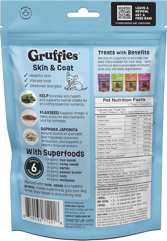 Skin & Coat Organic Dog Treats – Peanut Butter - Itchy & Dry Skin Relief for Dogs - Allergy Support - Flaxseed & Kelp for Omega 3 - Vet Approved, Made in Canada, Non-GMO - 6 oz (Pack of 1)