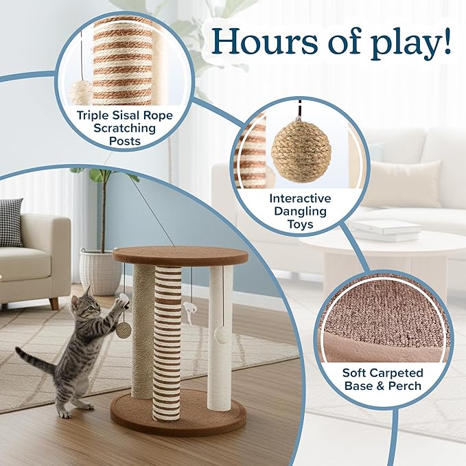 Cat Scratching Post - 3 Scratcher Posts with Carpeted Base Play Area and Perch - Furniture Scratching Deterrent for Indoor Cats by PETMAKER (Brown), Large