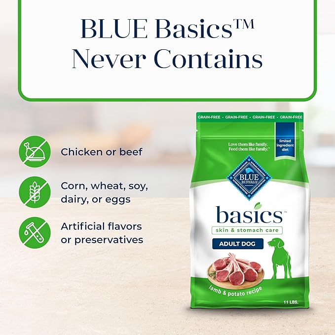 Blue Buffalo Basics Grain-Free Adult Dry Dog Food, Skin & Stomach Care, Limited Ingredient Diet for Dogs, Lamb Recipe, 11-lb. Bag