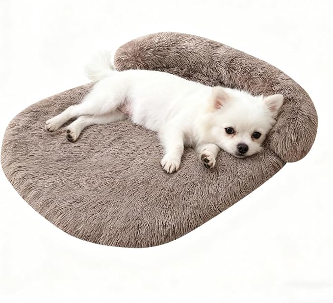 Calming Dog & Cat Beds for Small Medium Dogs Cats, Anti-Anxiety Plush Pets Lounge Couch Sofa Orthopedic Cushion, Soft Fluffy Faux Fur Washable, Fits up to 25 lbs Pets (Oval, Brown 26"x20")