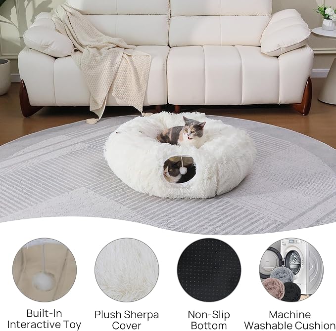 Cat Tunnel with Bed – Soft Plush Peekaboo Donut Cave for Indoor Cats | Under Christmas Tree Hideaway & Multifunctional Playground Toy for Kittens, Rabbits, Ferrets (Long-Pile Fabric White)