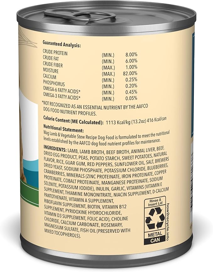 Amazon Brand - Wag Wet Dog Food Stew, Lamb & Vegetable Cuts in Gravy, Made with Natural Ingredients, 13.2 Ounce Cans (Pack of 12)
