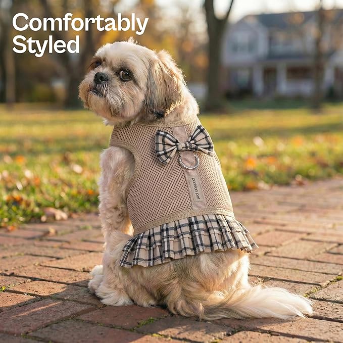 Parisian Pet Plaid Khaki Dog Harness Dress - Breathable No Pull Puppy Dress with Leash Ring - 100% Mesh Fabric Harnesses for Dogs - Soft Padded Step in Pet Vest - Dog Harness for Large Sized Dogs