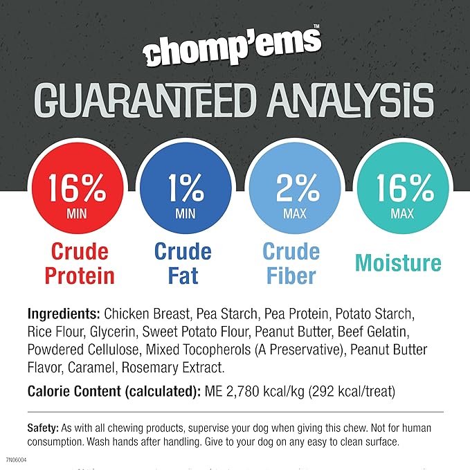 CHOMP 'EMS Chicken & Peanut Butter Hide Free Dog Chews - Rawhide Free Dog Treats - No Hide Alternative Chew Treat for All Life Stages, 7", 2 Count