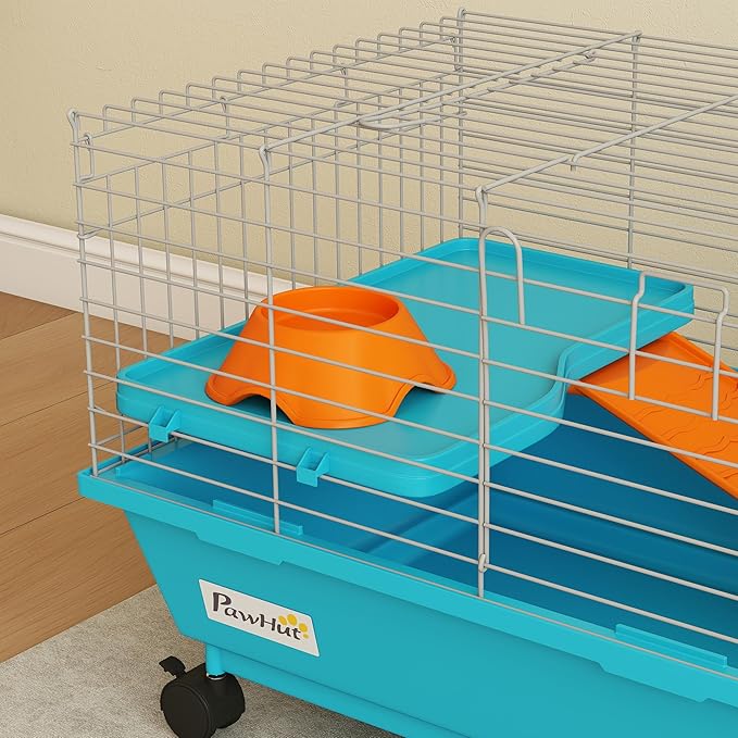 PawHut 35" L Small Animal Cage, Rolling Bunny Cage, Guinea Pig Cage with Food Dish, Water Bottle, Hay Feeder, Platform, Ramp for Chinchilla, Blue