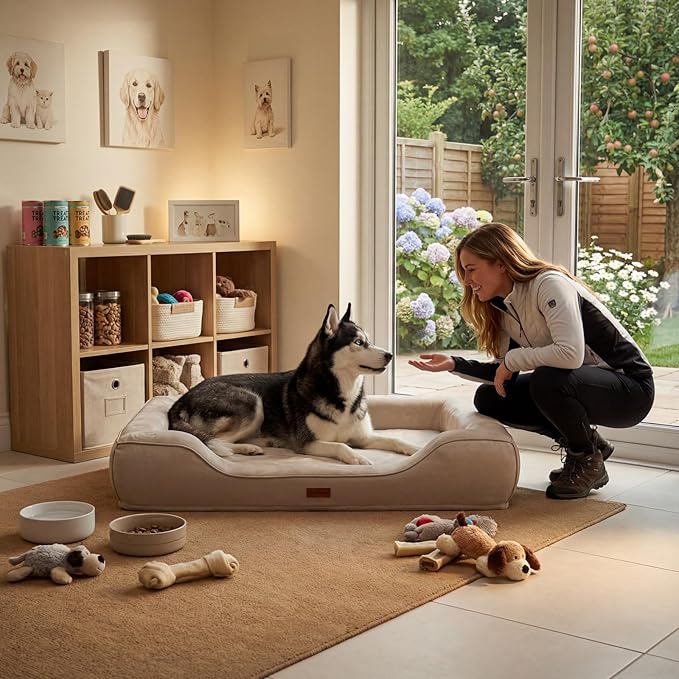 Orthopedic Dog Bed for Extra Large Dogs,Waterproof Cooling Gel Memory Foam XL Pet Sofa Non-Slip Bottom,Egg-Crate Foam Washable Removable Cover 42.0" LX30.0"X9.0"Th Beige