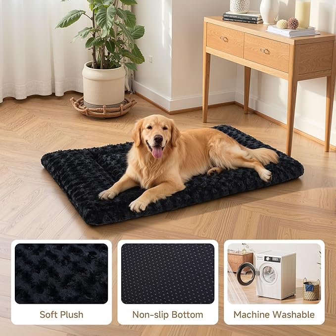 Washable Dog Bed Mat Soft Dog Crate Pad Fluffy Pet Kennel Beds Sleeping Mattress with Non-Slip Bottom for Large Jumbo Medium Small Dogs, 35 x 22 Inch, Black