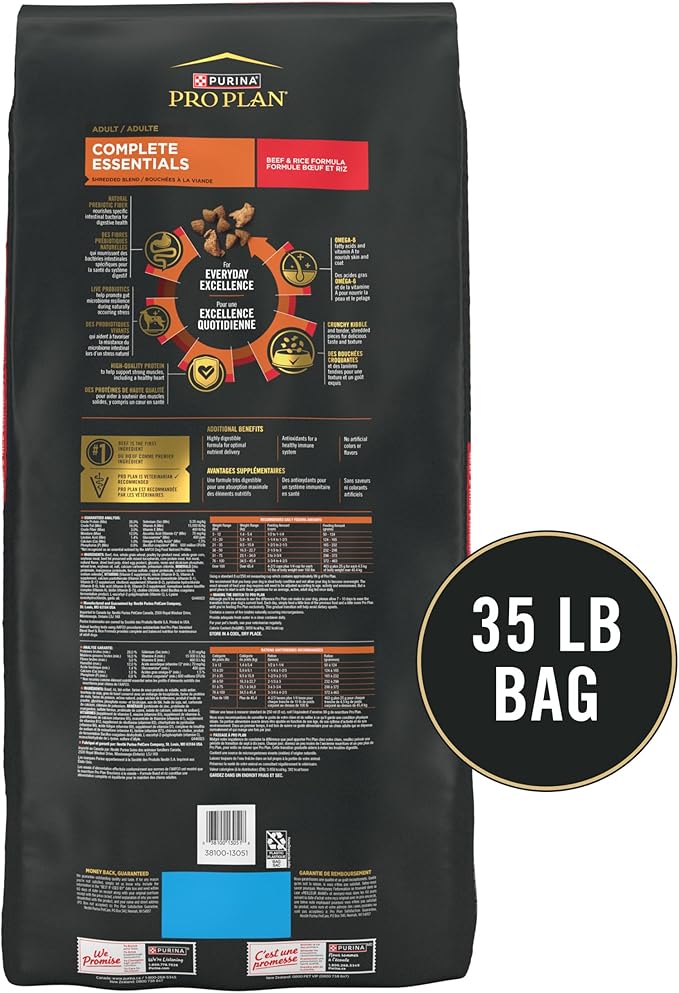 Purina Pro Plan Complete Essentials Shredded Blend Beef and Rice Dog Food Dry Formula with Probiotics for Dogs - 35 lb. Bag