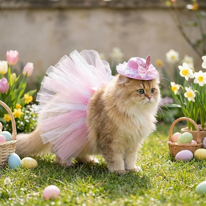 2 Pcs Easter Costume Set for Pet Rabbit Ear Hat Puppy Tutu Skirt for Small Dog Cat Party Dress Accessories Supplies