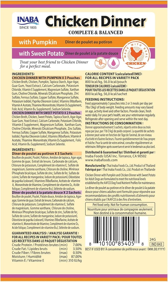 INABA Chicken Dinner for Dogs, Soft Pate Wet Dog Food, Complete & Balanced, 2.4 oz. Pouch, 15 Pouches, Pumpkin & Sweet Potato Variety