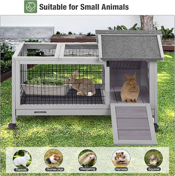 Wooden Rabbit Hutch Indoor and Outdoor, Rabbit Cage with Removable Wire Netting and Leak Proof Tray, Mobile Bunny Cage with Wheels (Grey)
