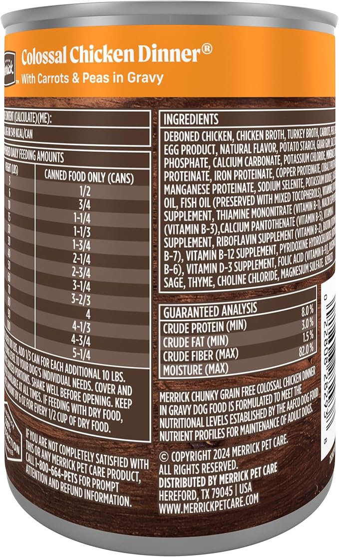 Merrick Chunky Grain Free Premium And Wholesome Canned Dog Food, Real Meat Colossal Chicken Dinner In Gravy - (Pack of 12) 12.7 oz. Cans