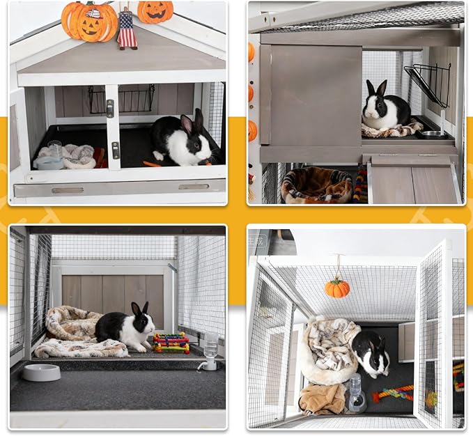 Large 2-Story Outdoor Rabbit Hutch with Wheels, Weatherproof Wooden Bunny Cage with Double Runs, 4 Pull-Out Leak-Proof Trays, 2 Anti-Chew Metal Frame Ramps, Waterproof Roof, Small Animals Cage