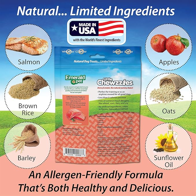 Emerald Pet Little Chewzzies Wheat Free Training Dog Treats — Healthy and Tasty Natural Dog Chews with Real Meat or Peanut Butter — Limited Ingredient Dog Treats Made in The USA — Salmon, 5 oz