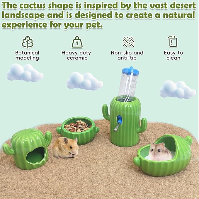 PINVNBY Ceramic Hamsters Hideout, Cactus Ceramic Dwarf Hideout, Hamster Water Bottle, Sand Bath, Food Bowl & 125ML Water Bottle Holder for Dwarf Hamster Cage Accessories