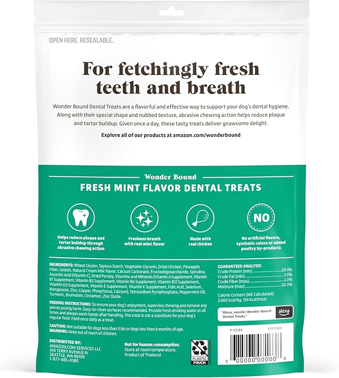 Amazon Brand - Wonder Bound Dog Dental Treats for Large Dogs (Over 50 lbs), Fresh Mint Flavor, Made with Real Chicken, Freshens Breath, Controls Plaque & Tartar, 9 Count (Pack of 2)
