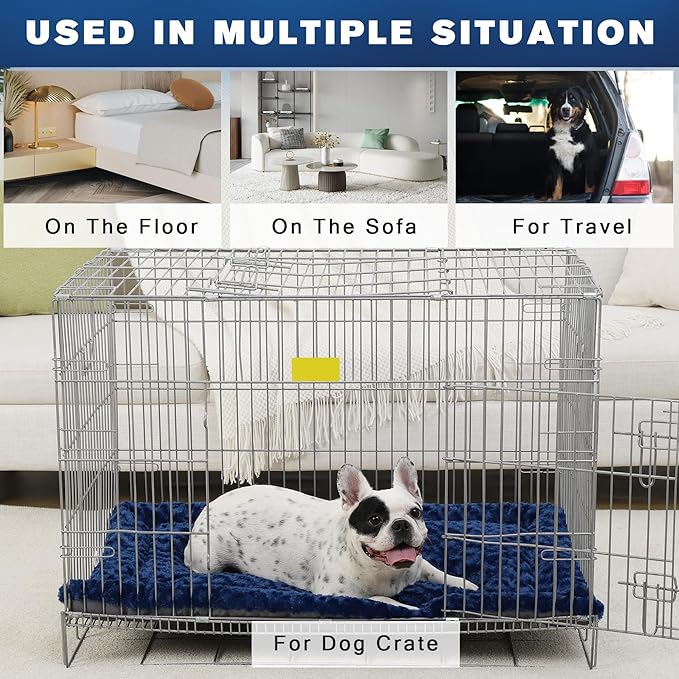 Washable Dog Bed Mat Reversible Dog Crate Pad Soft Fluffy Pet Kennel Beds Dog Sleeping Mattress for Large Jumbo Medium Small Dogs, 41 x 27 Inch, Blue