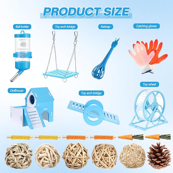 Teenyyou 24 Pcs Small Guinea Pig Starter Kit Essentials for Hamster Cage Accessories Toys House Bed Cage Cleaner Food Bowl Water Holder Carrier Bag Teething Toys Liner Tunnel for Beginner(Blue)