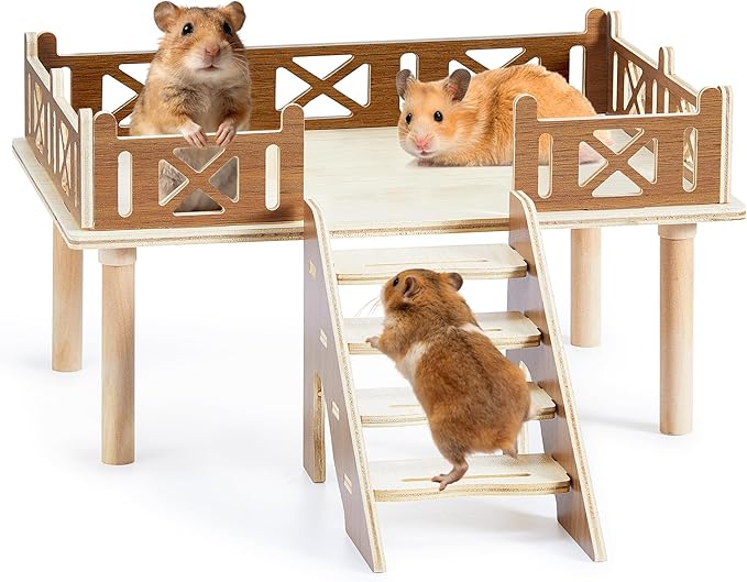 Hamster Platform for Cage with Protective Railings, Elevated Wooden Stand for Food Bowls, Water Bottles or Wheels to Expand Activity Space, Cage Platforms with Climbing Ladder for Hamsters and Gerbils