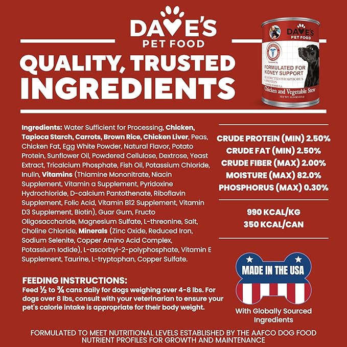 Dave's Pet Food Kidney Support for Dogs (Chicken & Vegetable Stew) - Low Phosphorus & Low Protein Wet Canned Dog Food for Renal Health - No Prescription Needed - 12.5 oz (Case of 12)
