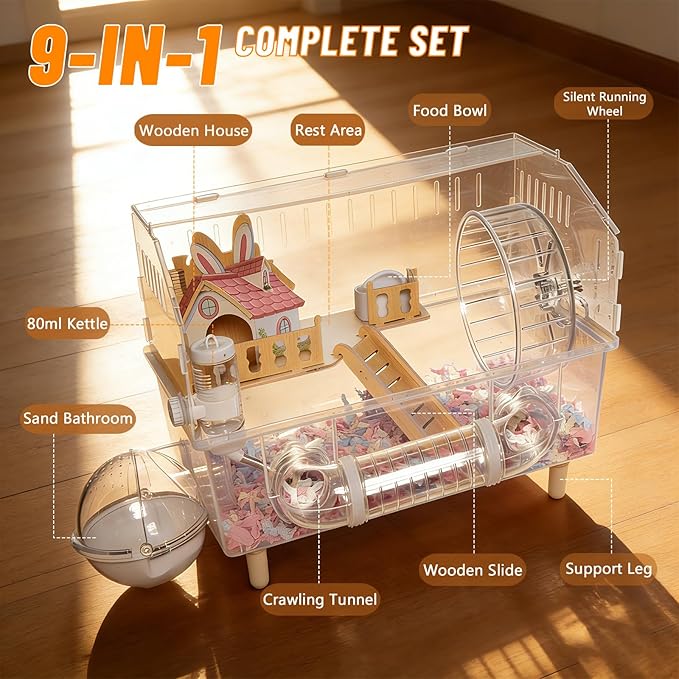 9-in-1 Acrylic Hamster Cage - Clear Pet Cage with 360° Transparent Viewing, Double Layer Chew-Proof Mice Enclosure with Crawling tunnel for Dwarf Syrian Gerbils, 18*13*12in (Wooden Cottage)