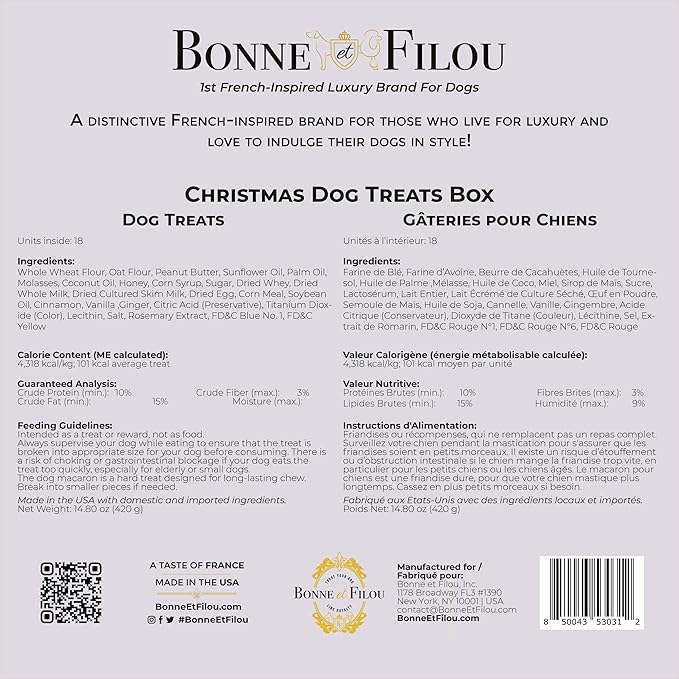 Bonne et Filou Christmas Dog Treats, Luxury Gourmet Gift Box, 18 Hand Designed Macarons, Truffles & Bone Cookies, Perfect Holiday Snack for Medium to Large Dogs