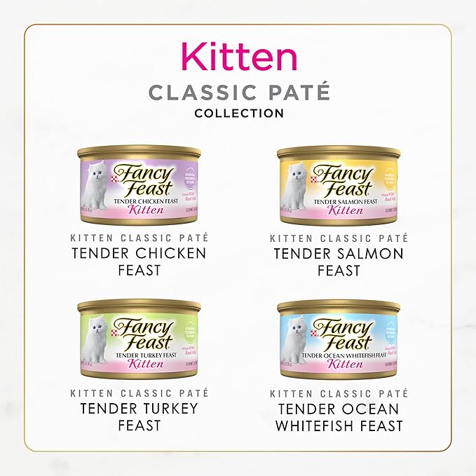 Fancy Feast Purina Tender Ocean Whitefish,Turkey,Chicken and Salmon Feasts Wet Kitten Food Variety Pack - 3 oz. Boxes,(Pack of 48)