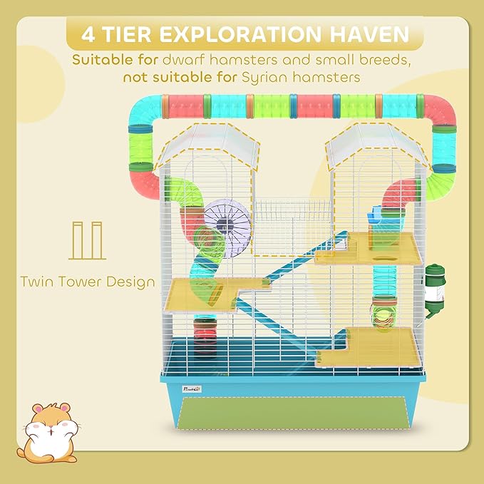 PawHut 4 Tier Hamster Cage, Large Twin Tower Design Gebril Cage with Exercise Wheel, Tubes, Hut, Ramps, Food Dish, Water Bottle, 22.8" x 14.2" x 25.6", Light Blue