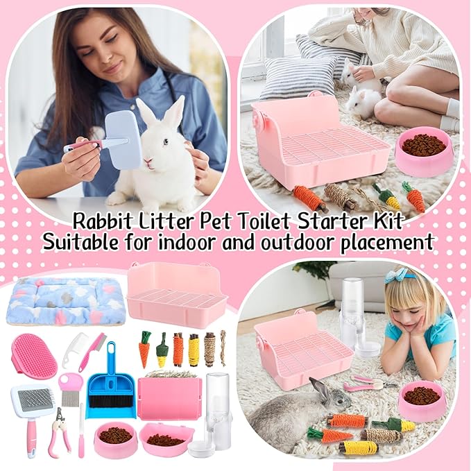 20 Pcs Rabbit Starter Kit Small Bunny Litter Box Animal Grooming Kit with Hanging Pet Bowls Water Bottle Bunny Toys Flannel Blankets with Cleaning Set for Guinea Pig Rabbit Accessories(Pink)
