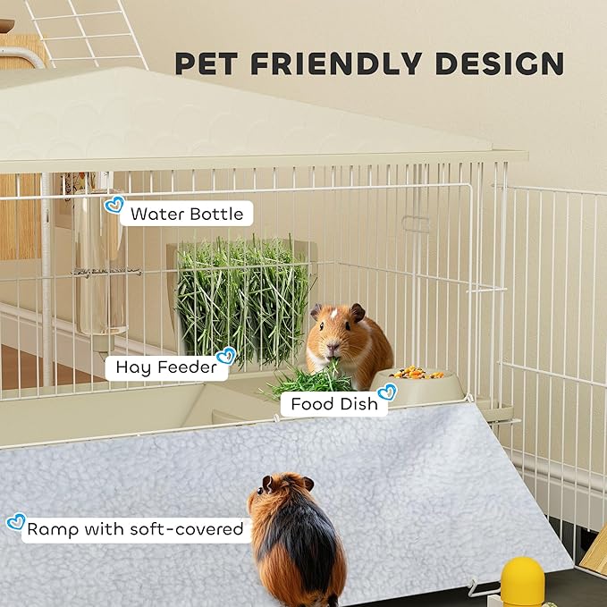 PawHut Small Animal Cage, Guinea Pig Cage with Removable Pet Playpen, Waterproof Pad, Food Dish, Water Bottle, Hay Feeder, Soft-Covered Ramp, Wheels, Hideaway, Balcony, for Hedgehog, Guinea Pig