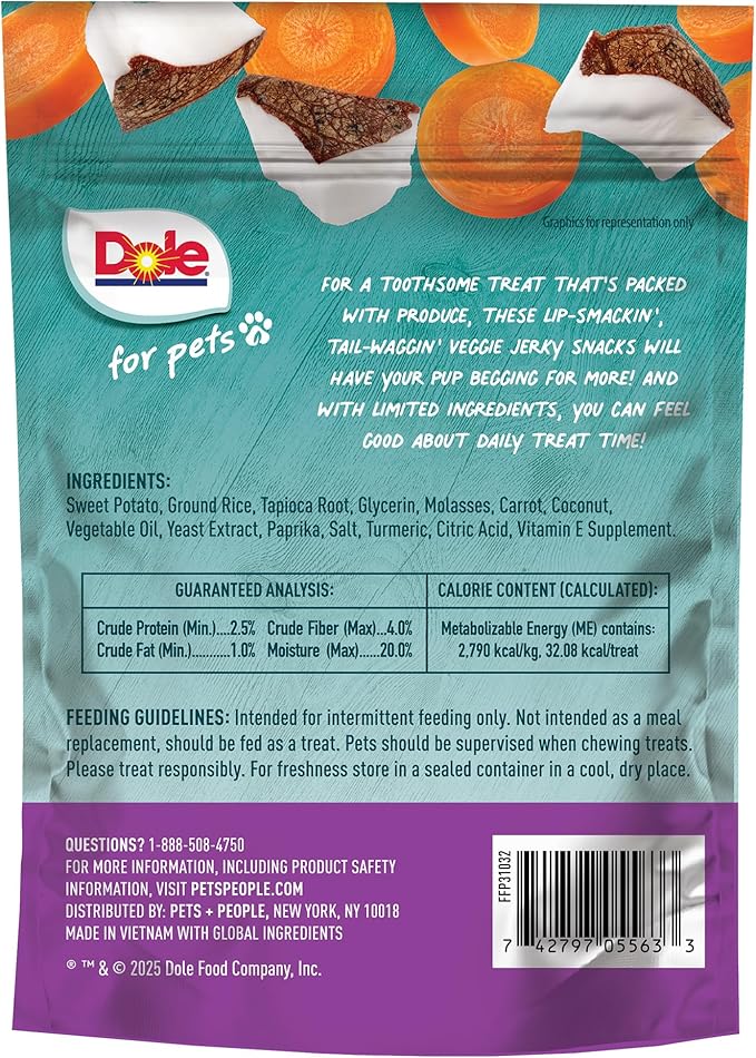 Dole for Pets Fruit Jerky Bites Dog Treats, Carrot and Coconut Flavor, Chewy Treats Flavored with Real Fruit and Vegetables, No Wheat, Corn, Soy, Artificial Flavors, Colors, or Preservatives, 6 Oz